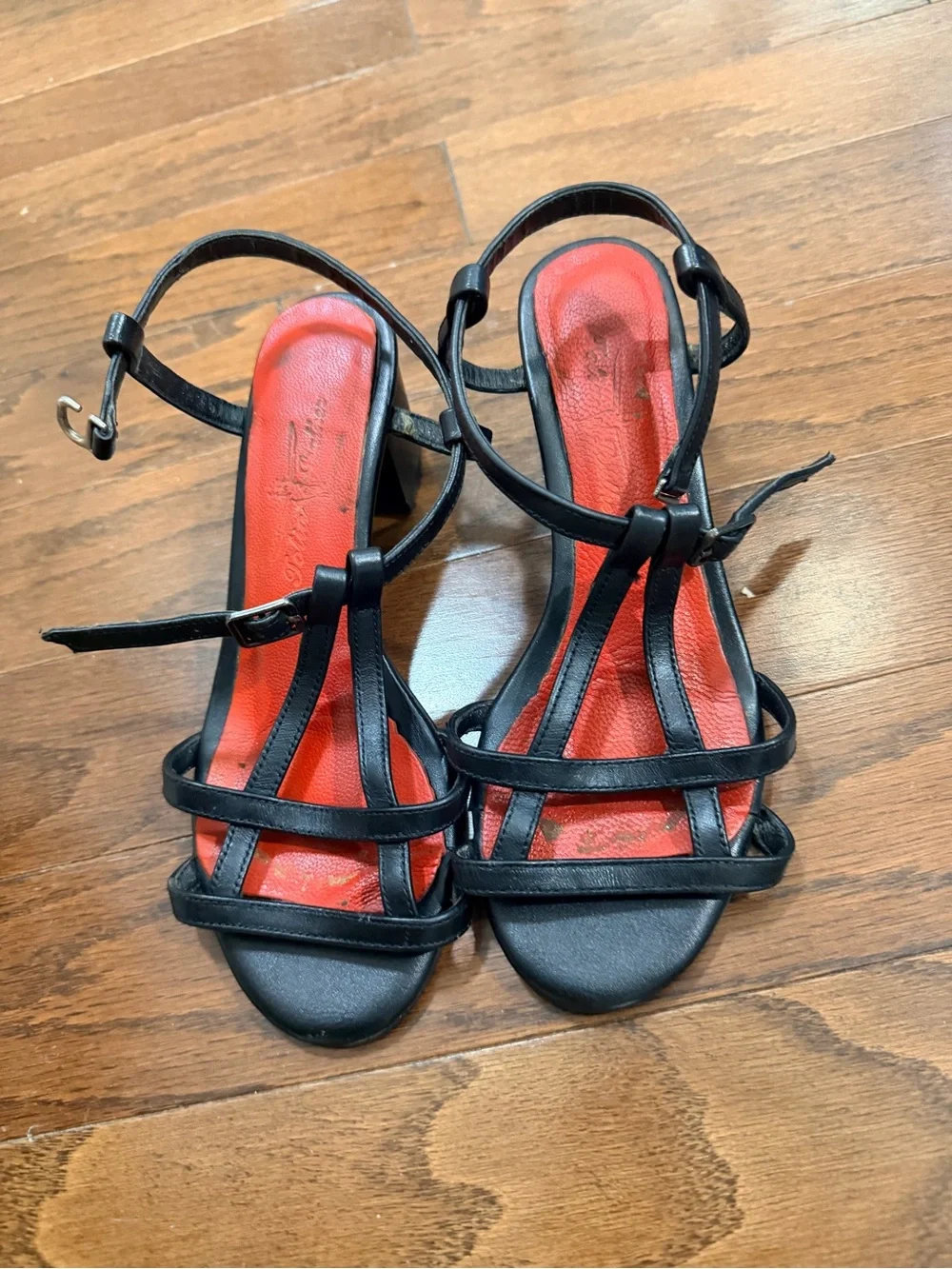 Black Strappy Heeled Sandals with Red Insole